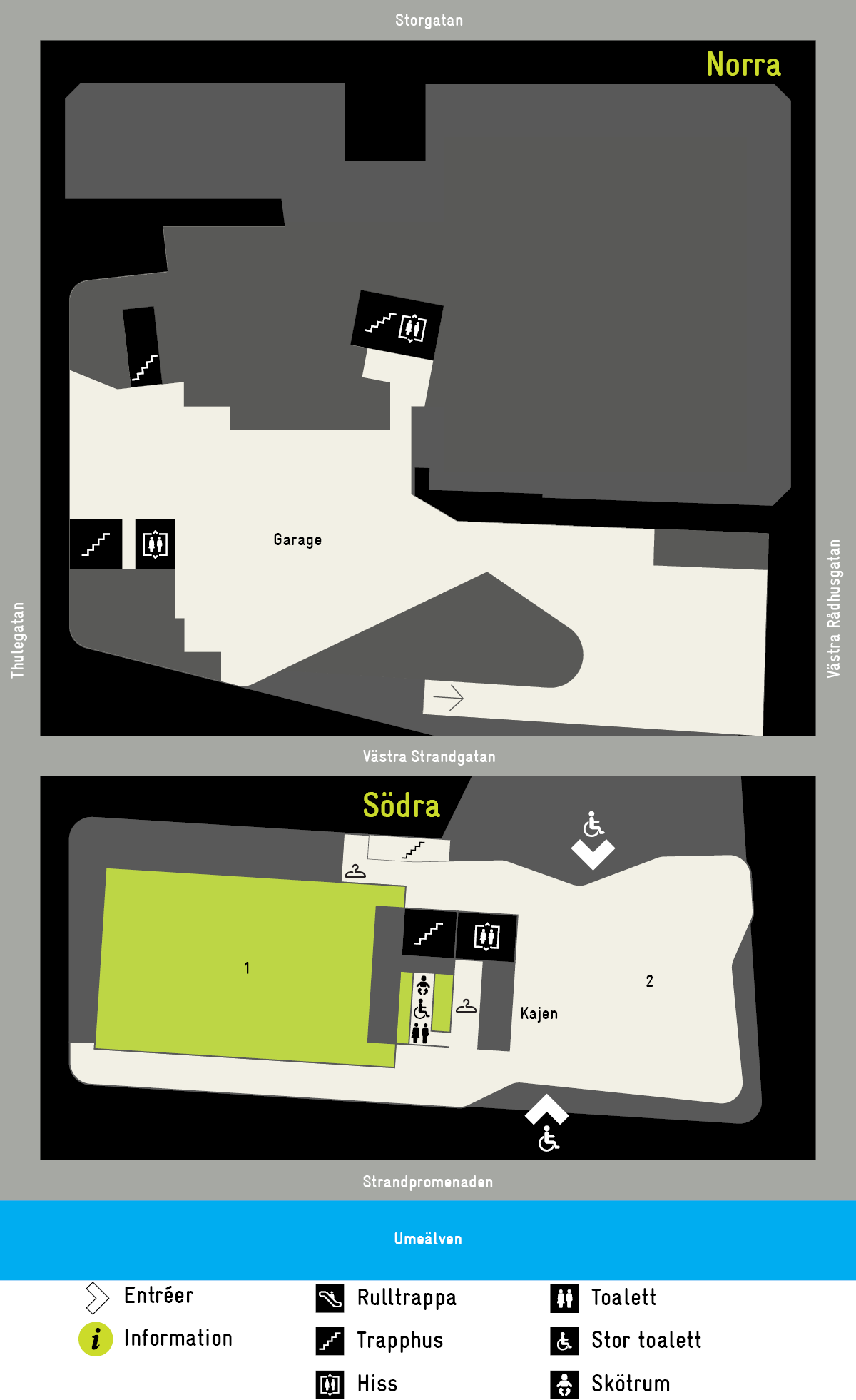 Översiktskarta av plan 1 i Väven. I husets norra del finns ett garage, I husets södra del finns Vävenscenen, Kajscenen, Kajen, entréer, garderob och toaletter.