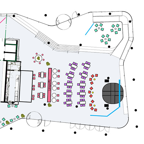 Ritning över Kajscenen med möbleringsförslag.