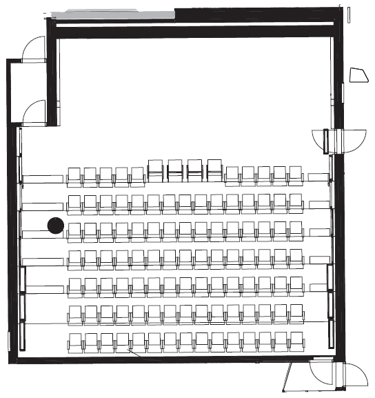 Ritning över filmsalen Tystnad som visar möblering samt in- och utgångar.