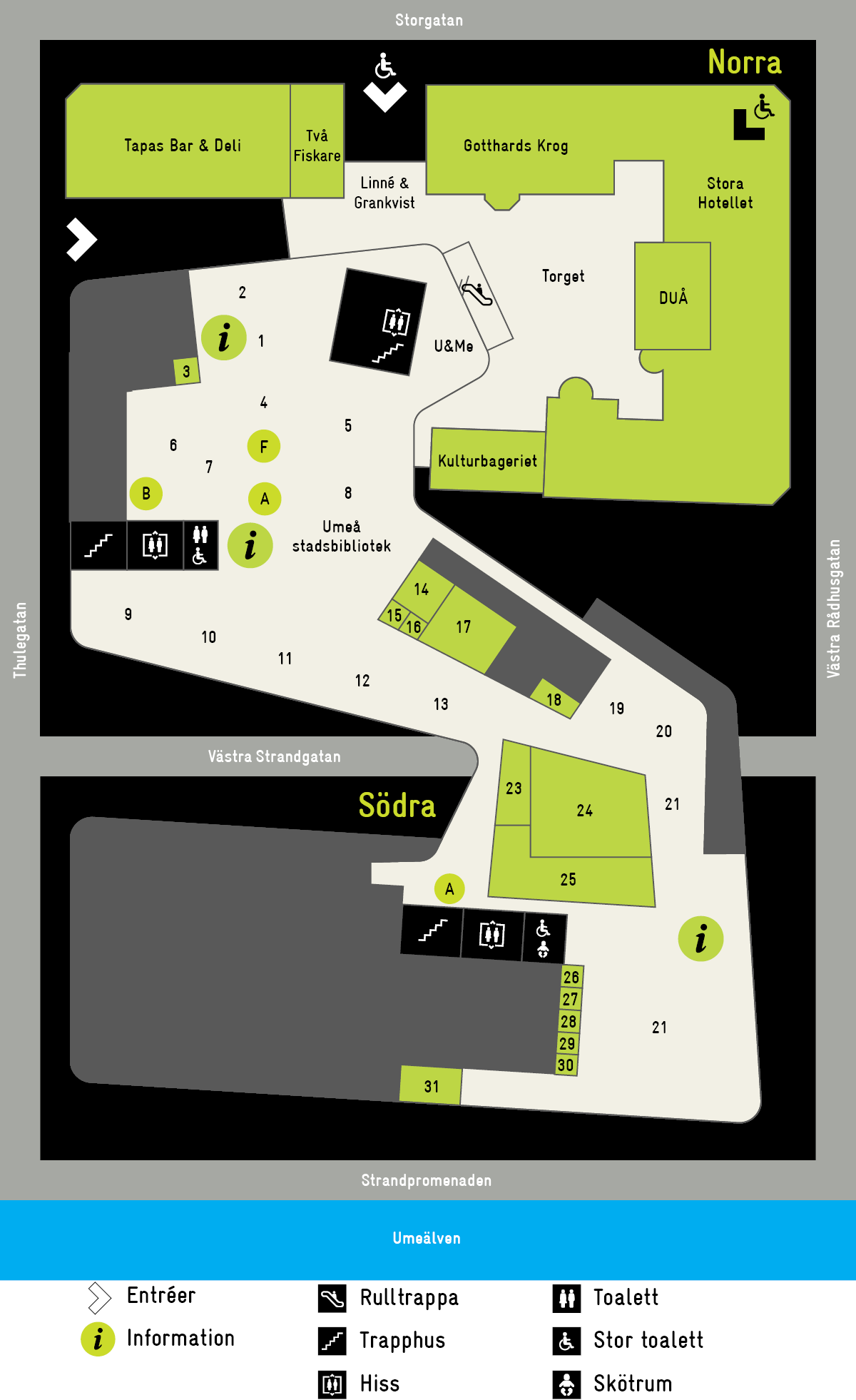 Översiktskarta av plan 3 i Väven. I husets norra del finns stadsbiblioteket, Två fiskare, Linné och Grankvist, Stora hotellet, U&Me, Duå, Kulturbageriet, Kulturreceptionen, entréer och toaletter. I husets södra del finns stadsbiblioteket och Umeå konsthall