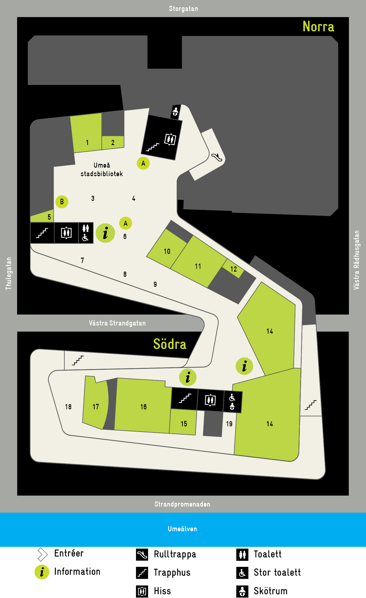 Översiktskarta av plan 4 i Väven. I husets norra del finns stadsbiblioteket, Upplev multisal, entréer och toaletter. I husets södra del finns Kvinnohistoriskt museum, Folkets bio, Mingla, Umgås matverkstad, entréer och toaletter.