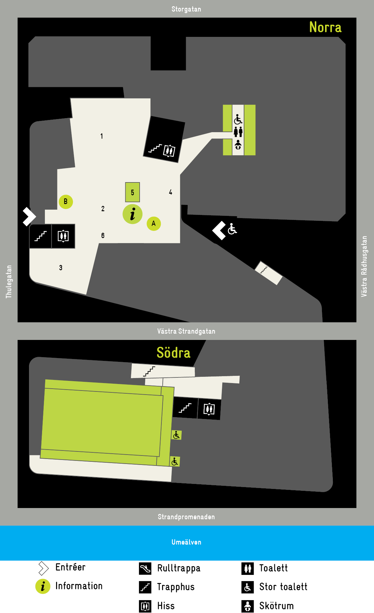 Översiktskarta av plan 2 i Väven. I husets norra del finns stadsbiblioteket, lokaler för släktforskning, entréer och toaletter. I husets södra del finns Vävenscenens läktare och toaletter.